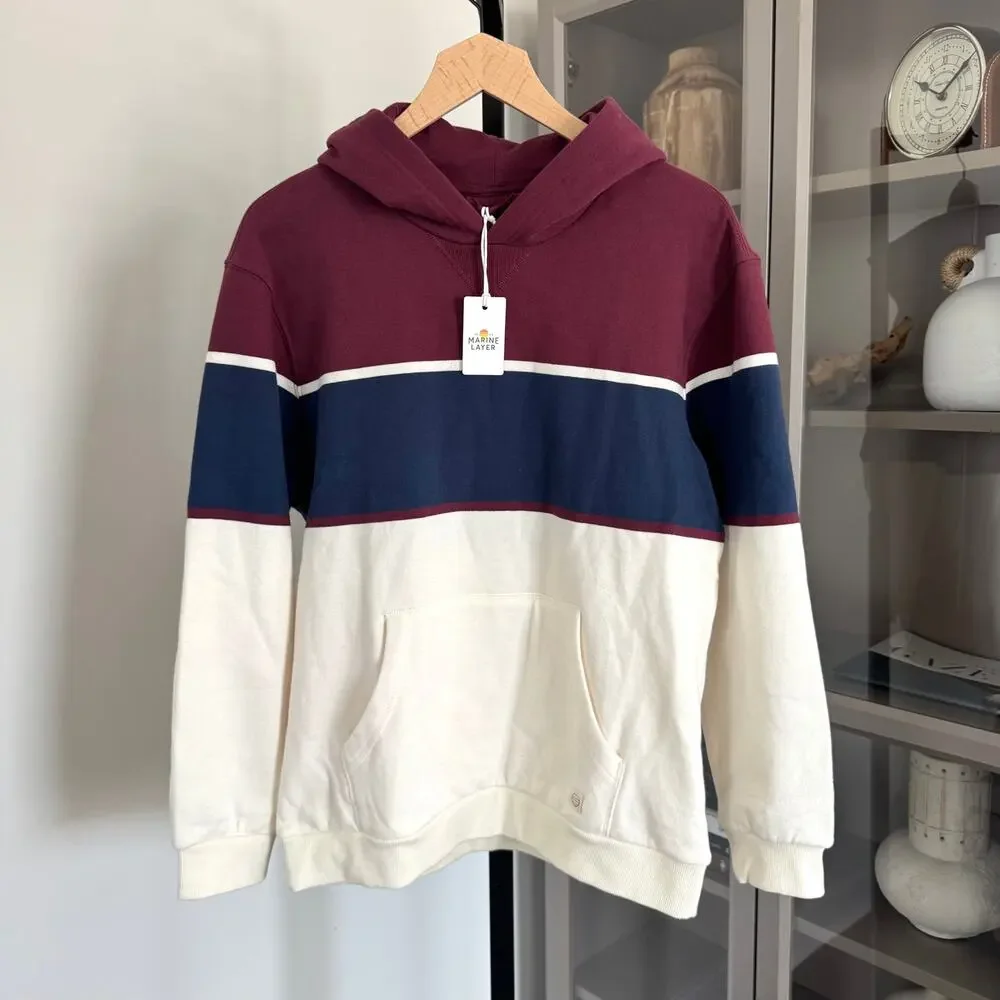 Marine Layer Relaxed Cloud 9 Fleece Burgundy Navy Hoodie Small NEW Color Block